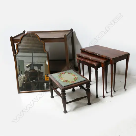 VINTAGE TEA TROLLEY, MIRROR, FOOT STOOL, 3 NESTING TABLES