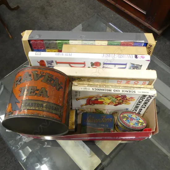 75 PROTEX PLASTICS NZ BUILDING BLOCKS, ASST. BOOKS, TINS INCL. RAVEN TEA