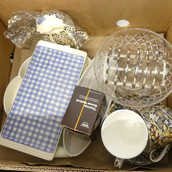 BOX  OF CHINA, EP, CRYSTAL, 2 POOLE DISHES ETC