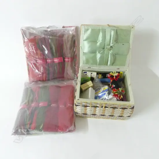 RETRO SEWING BOX & CONTENTS WITH 2 TAPESTRY CUSHIONS COVERS NEED DOING
