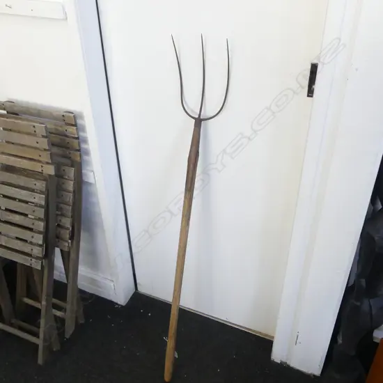 OLD WOODEN HANDLED 2 PRONG PITCH FORK ABOUT 6FT L.