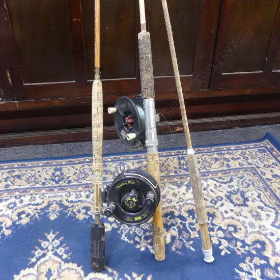 3 VINTAGE FISHING RODS; 1 2-PART, 2 w. REELS (ACADEMY, ALVEY) L.2165mm