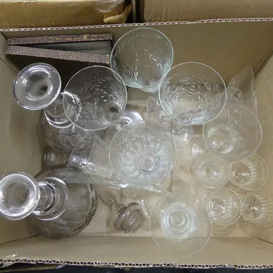 ASST. DRINKING GLASSES, 2 DECANTERS ETC