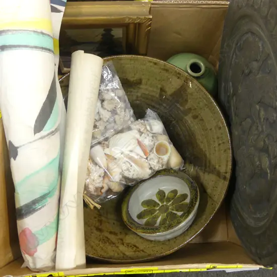 BOX LOT POTTERY BOWL CRACKED  ROLL OF ART MOVIE POSTER TIN PLAQUE ETC