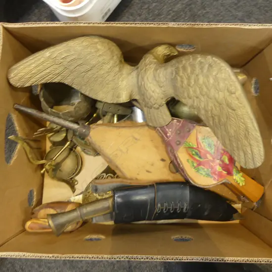 COLLECTION BRASS INCL LG EAGLE, BELLOWS & LEATHER SHEATH KNIFE