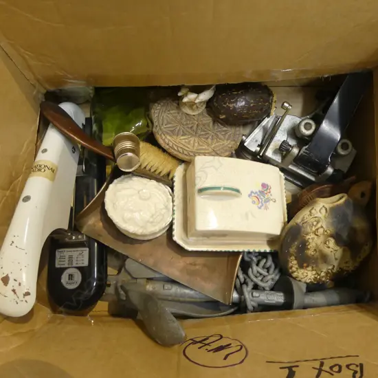 BOX LOT BOAT ANCHOR CRUMB BRUSH & TRAY STAPLER BUTTER PADS CHINA ETC