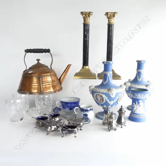 PR WEDGWOOD VASES & PR CANDLESTICKS, EP CONDIMENTS ETC H.310mm