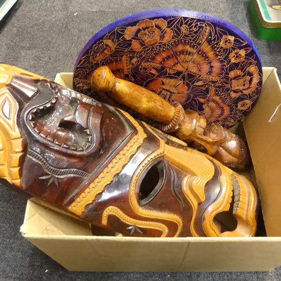 4 ETHNIC CARVINGS; 2 MASKS, SHIELD & CLUB