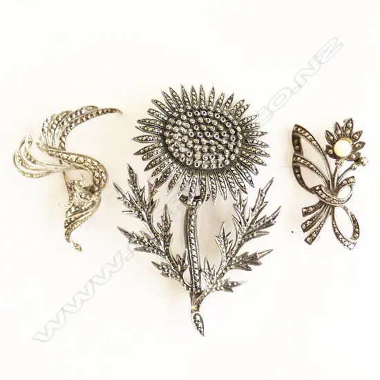 VINTAGE LGE FANCY SILVER & MARCASITE SUNFLOWER BROOCH + 2 OTHERS. MINOR LOSSES