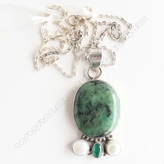 POUNAMU SILVER & MABE PEARL PENDANT w. SILVER CHAIN new old stock