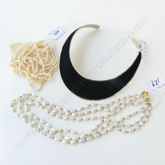 2 FRESH WATER PEARL NECKLACES WITH POSSIBLE GOLD BEADS BETWEEN PEARLS &  COLLAR CUFF w BLACK FUR