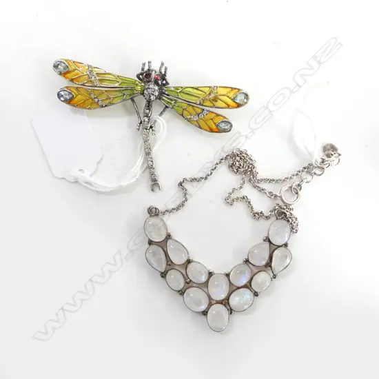 VINTAGE DRAGONFLY BROOCH 925 & GLASS, W.85mm & SILVER & MOONSTONE NECKLACE