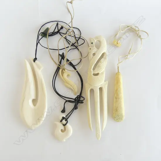 5 MAORI BONE CARVED PENDANTS: 2 hei matau + heru + 2 others