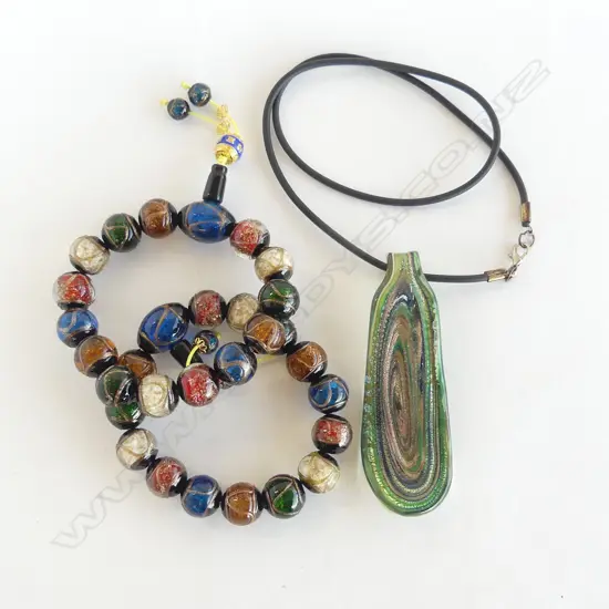 2 FANCY GLASS MURANO TYPE BEAD BRACELETS + MURANO GLASS PENDANT