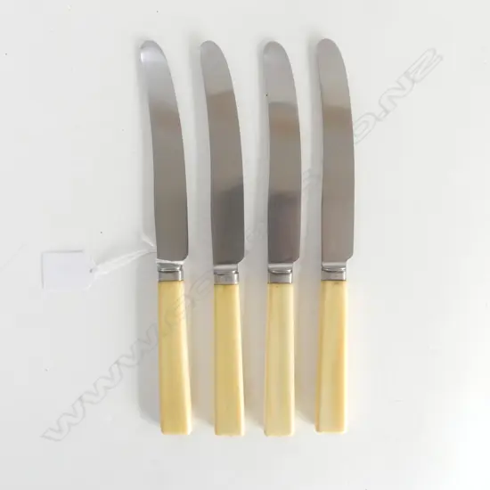 4 SILVER & IVORY HANDLED DINNER KNIVES, STAINLESS BLADES