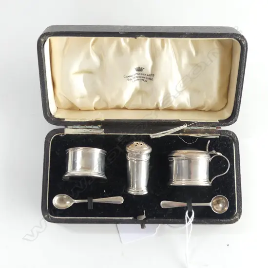 SILVER CASED CONDIMENT SET: mustard salt pepper + 2 spoons