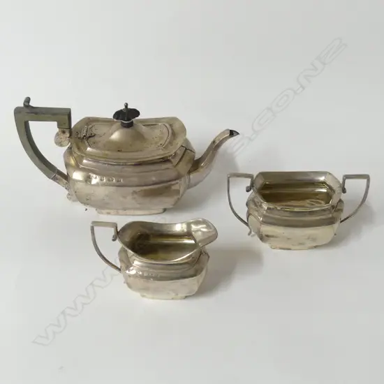 3 PCE STG SILVER TEASET; TEAPOT, MILK & SUGAR, B'HAM 1903 526gms