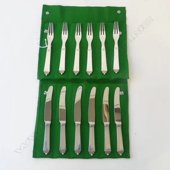 12 PCE GEORG JENSEN STERLING SILVER PYRAMID PATTERN FRUIT KNIVES & FORKS L.165mm 420gms
