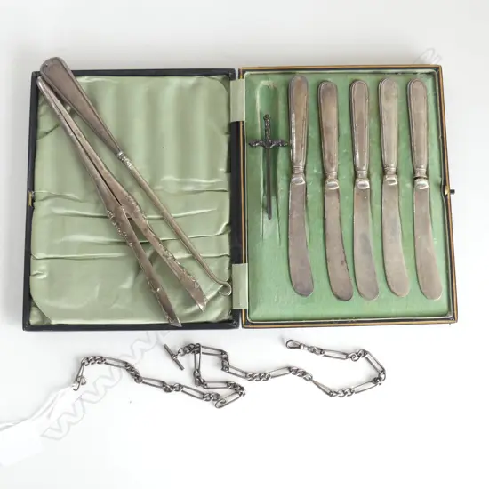 5 STG HANDLED KNIVES, BUTTON HOOK, PR GLOVE STRETCHERS, STG CHAIN, EP SWORD BROOCH