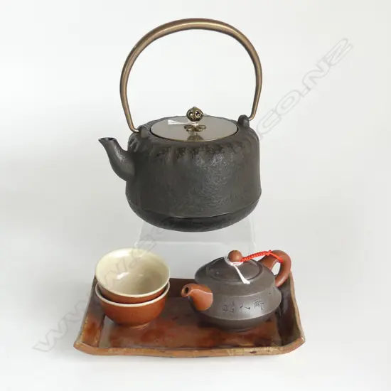 ORIENTAL IRON TEAPOT, 4 PCE TEA SET