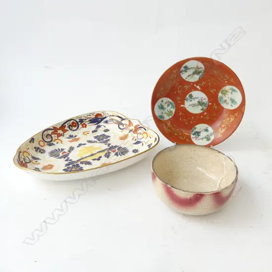 3 PCES CHINA; BOWL 110mm dia, SAUCER (REPAIRED), 19thC WEDGWOOD DISH PAGODA PATTERN W.225mm