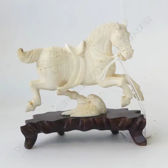 IVORY HORSE ON WOODEN STAND (REPAIRED) H.105mm