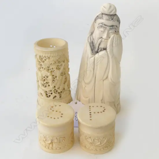 4 PCES IVORY; ORIENTAL FIGURE H.130mm. SALT & PEPPER, CONTAINER