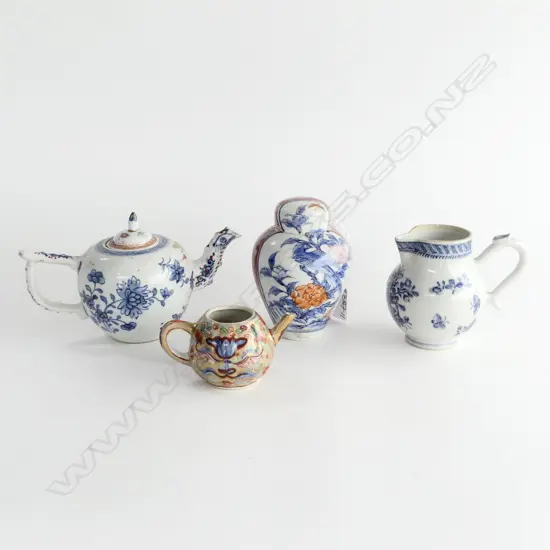 4 ANTIQUE CHINESE PORCELAIN PCES: TEAPOT + CREAM JUG sparrow beak ETC some faults
