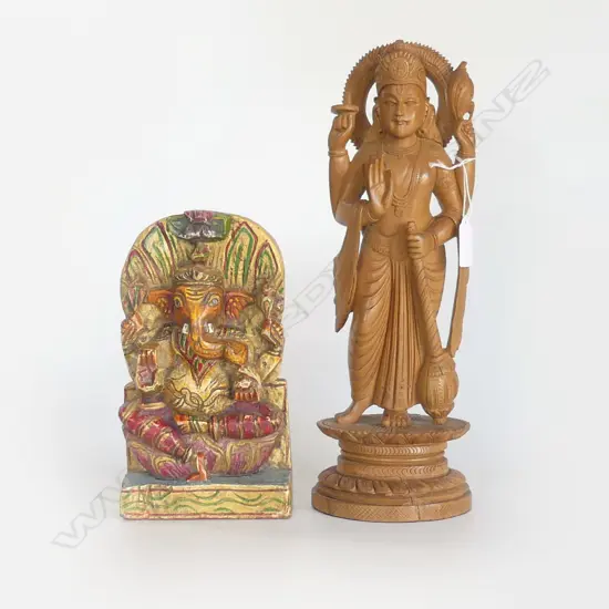 VINTAGE FINELY CARVED WOODEN STATUE OF LORD VISHNU, H.350mm & WOODEN GANESH FIGURE, PAINTED, H.220mm
