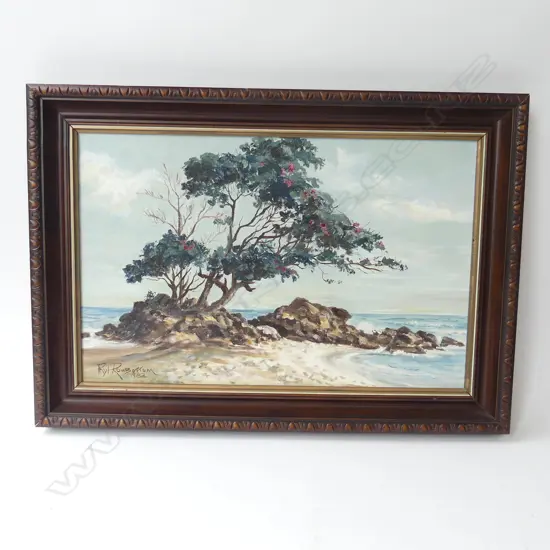 (25156) PHYL ROWBOTTOM 'SILHOUETTED POHUTUKAWAS' OIL ON BOARD 1982 355x555mm