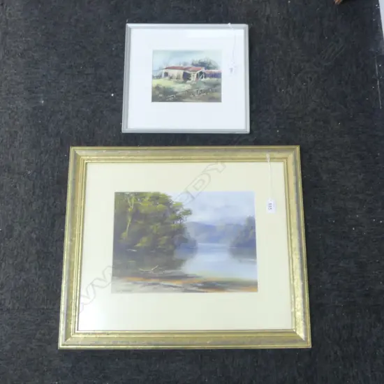 2 ARTWORKS; MARGOT MOUNTAIN, SHED, PAPATOETOE, INK & WASH '91 145x180mm, JOYCE ATKINSON, BUSH LANDSCAPE, OIL 245x345mm