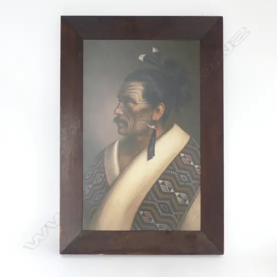FRAMED MAORI PORTRAIT, LABEL ON VERSO READS BY LINDEUER KAMARIERA,NG PUHI H 610 MM