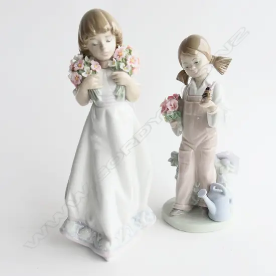 PR LLADRO FIGURINES; GIRL w FLOWERS & BIRD, GIRL w TWO BUNCHES OF FLOWERS tallest H.210mm