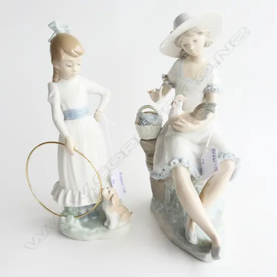 PR NAO FIGURINES; LADY WITH BIRD & BASKET H.240mm & YOUNG GIRL w HOOP & PUPPY