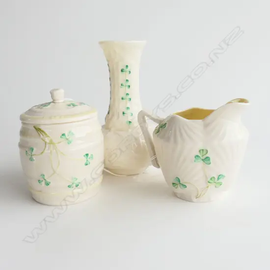 3PCS SHAMROCK PAT GREEN MARKED BELLECK CHINA VASE H130MM LIDDED BARREL H100MM & JUG H80MM