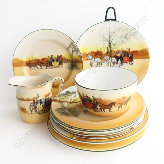 8 RD COACHING SCENE PLATES DIA 200MM SUGAR BOWL DIA130MM & MILK JUG H100MM