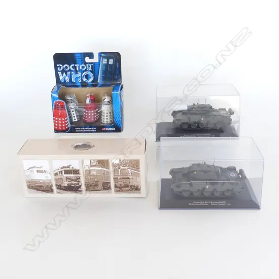 SMALL BOX 2 MODEL TANKS BOXED MODEL TRAM & 3 DOCTOR WHO DALEKS BY CORGI 
