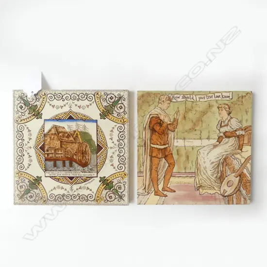 TWO ANTIQUE SHAKESPEARE TILES ‘HOW SHOULD I YOUR TRUE LOVE KNOW’  & ‘THE MILL WILL NEVER GRIND WITH THE WATER THAT HAS P