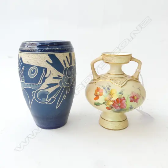 2 VASES; BARNSTAPLE POTTERY H.125mm, R. WORCESTER BLUSH (BASE REPAIRED) H.110mm