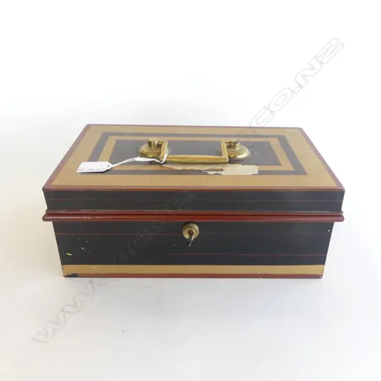 c1900 CASH BOX black gold & red w brass fittings good cond. L.310mm