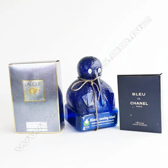 2 MENS AFTERSHAVE EMPTY BOTLES: 1 LALIQUE + PLASTIC KIWI MONEY BANK