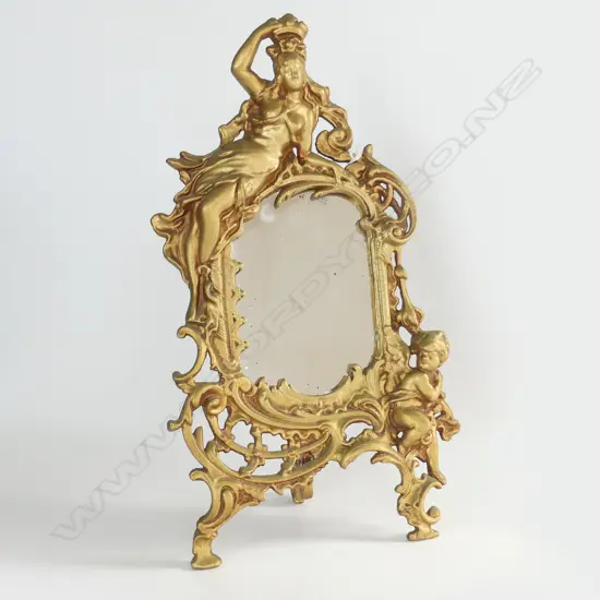 GILT TABLE MIRROR w RECLINING WOMAN & CHERUB H.340mm
