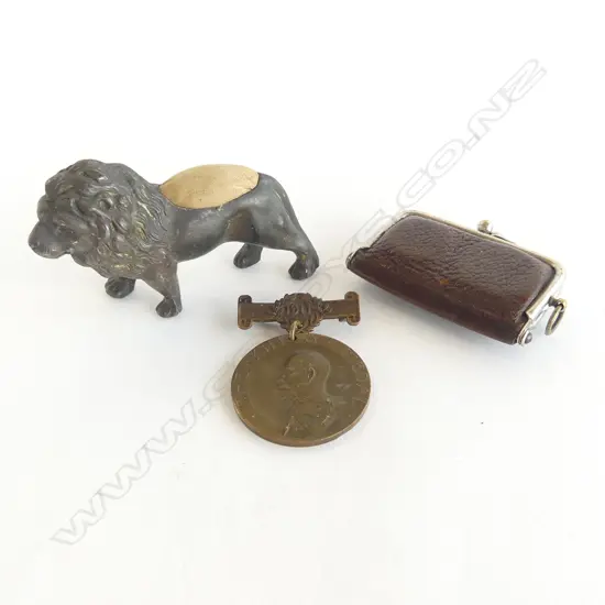 LION PIN CUSHION + THE KING'S MEDAL for attendance + leather & chrome sovereign case
