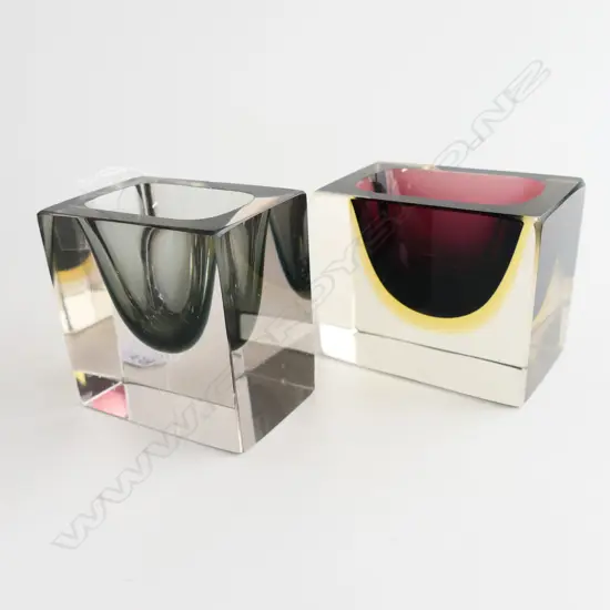 2 MURANO SOMMERSO SMALL RECTANGULAR VASES; PURPLE & GREY; SMALL CHIPS