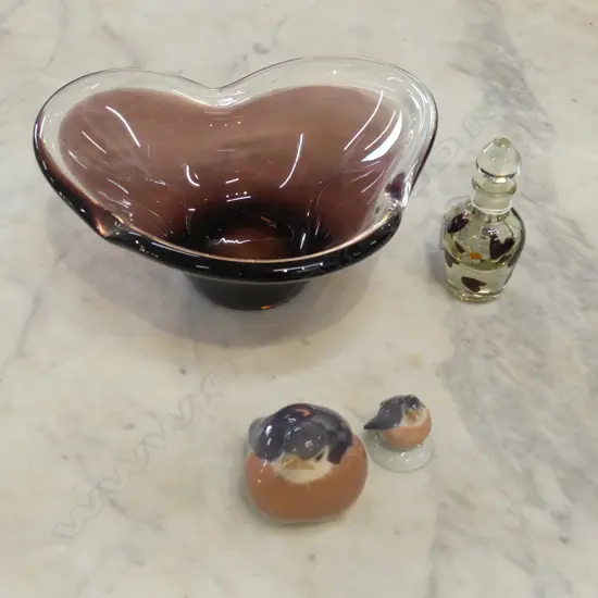 ART GLASS BOWL 220mm dia, PERFUME BOTTLE, 2 R. COPENHAGEN BIRDS