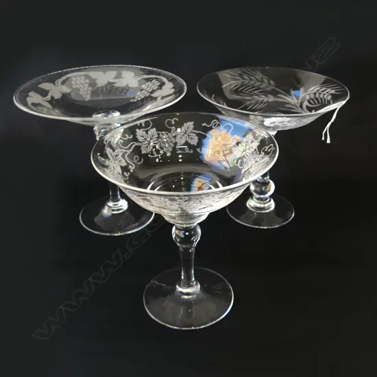 THREE ETCHED CRYSTAL COMPORTS GRAPES & WHEAT PATTERNS BY STUART, TUDOR ETC, H.180MM