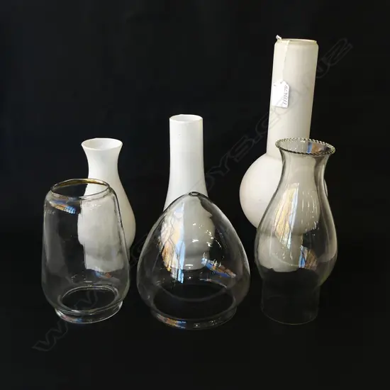 SIX VINTAGE GLASS CHIMNEYS FOR KEROSENE LAMPS, H.170MM-330MM