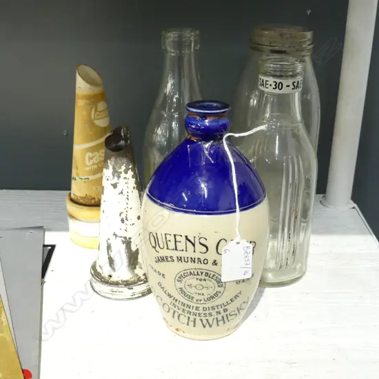 6 PCES; 3 GLASS BOTTLES, 2 FUNNELS, WHISKY BOTTLE