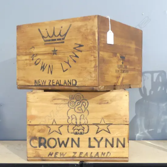 2 WOODEN 'CROWN LYNN' STENCILLED BOXES W.300mm sq