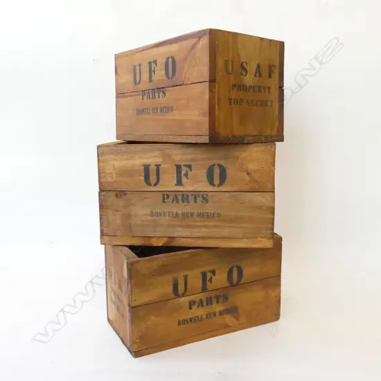 3 WOODEN STENCILED BOXES W.330mm